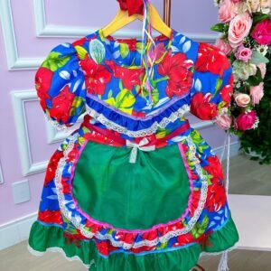 Vestido Junino Zaza Azul e Avental Verde (VESZAZAAZLVERD)