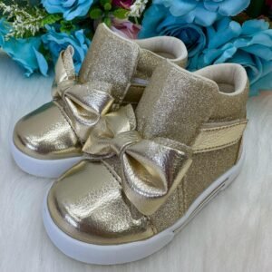 Tênis Bota Encanto de Criança Lacinho Dourado Glitter Rebeca (TNSENCLACNHHRBEC