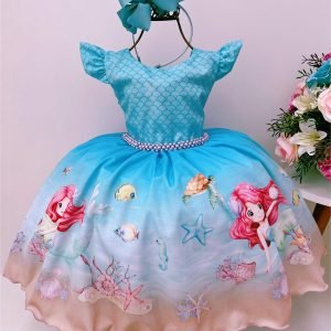 Vestido Infantil Sereia Fundo do Mar Escamas Luxo (0898SR)