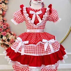 Fantasia Infantil Junino Vermelho Xadrez C/ Babados Luxo (6051VB)
