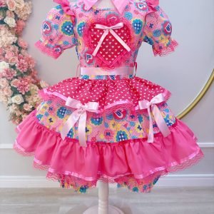 Fantasia Infantil Junino Arraiá Rosa C/ Estampa Colorida (6037RR)