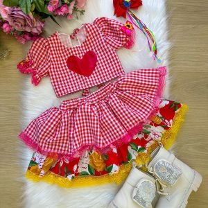 Conjunto Junino Banana Club Luxo Madu Xadrez Vermelho Coração Modelo 2 (CONJJU