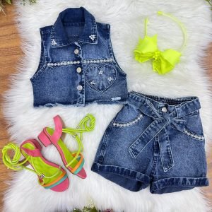 Conjunto Infantil Jaqueta e Short Jeans Azul Boiadeira Casual (0154AE)