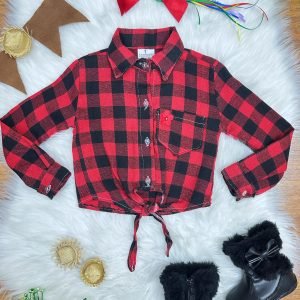 Camisa Meninas Flanelada Xadrez Junino Arraiá Preto e Vermelho (0091VM)
