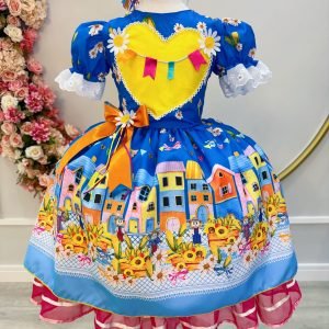 Vestido Infantil Junino Azul Colorido Festa Folia Premium (2364AZ)