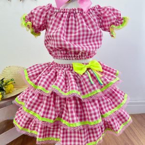 Conjunto Meninas Junino Rosa Xadrez Cropped Com Mini Saia (3549RB)