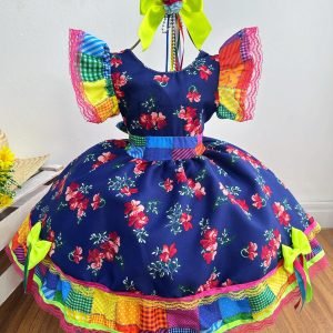 Fantasia Infantil Luxo Junino Arraiá Azul Florido Colorido (3547AM)