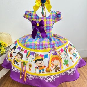 Vestido Infantil Junino Luxo Xadrez Lilás Fogueira Festa São João (0114LL)