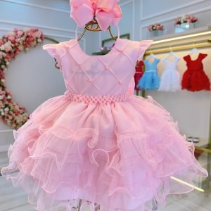 Vestido Infantil Batizado Rosa Claro Saia Com Babados Luxo (4004RS)