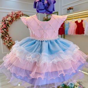 Vestido Bebê Rosa Busto Nervura Saia Babados Coloridos (4004RR)