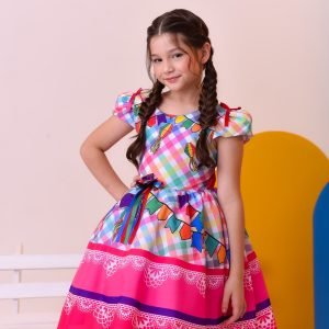Vestido Infantil Junino Festa São Joião Luxo Xadrez Colorido (0111CL)