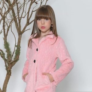 Casaco Infantil de Pelúcia Forrado Rosa C/ Brilho e Botões